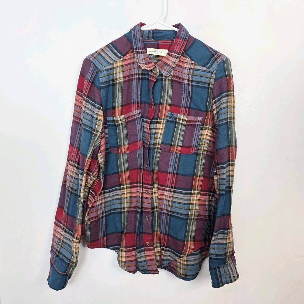 Abercrombie & Fitch Red Blue Plaid Flannel Classic Button Up Shirt Size Large